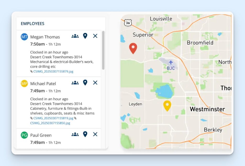 ClockShark employee map view showing a scrollable list of workers with clock-in times, elapsed shift time, job notes, and attachments on the left, plus a live map with coloured location pins on the right.