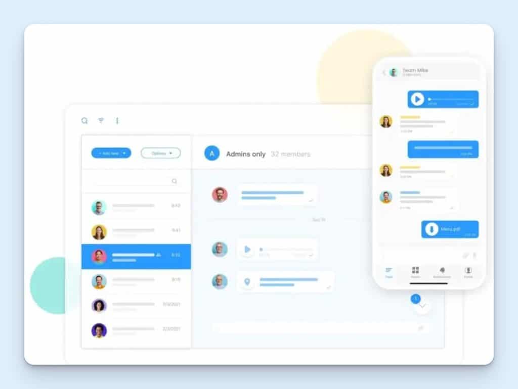 Connecteam team chat screen shown on desktop and mobile, with conversation lists, message threads, voice notes, file sharing, search and filter controls, and bottom navigation for feed, tasks, notifications, and profile