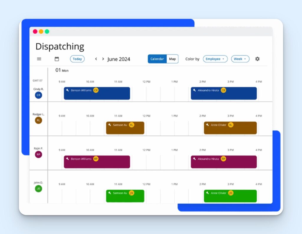 Housecall Pro dispatching calendar showing technician rows, time slots across the day, color-coded job cards, and controls for calendar or map view, employee color labels, and weekly schedule navigation.