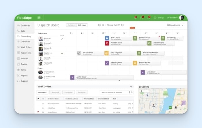 FieldEdge dispatch board showing technician list with on-call status, a daily scheduling grid with color-coded job assignments, and an inset map view for tracking worker locations alongside scheduled field service jobs.