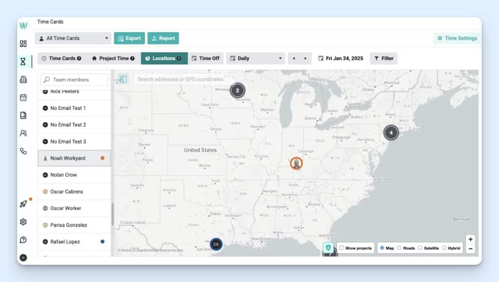 Workyard time cards screen with a team member list on the left, map-based location view in the center, clustered worker pins across the US, and filters for date, time records, projects, time off, and map style