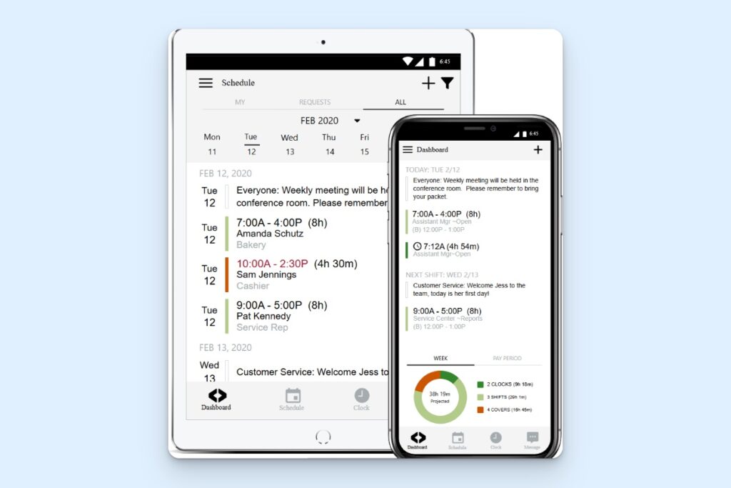 Orbital Shift’s schedule dashboard and mobile app, including a snapshot of the daily schedule, management notifications, upcoming shifts, and projected hours for the week.