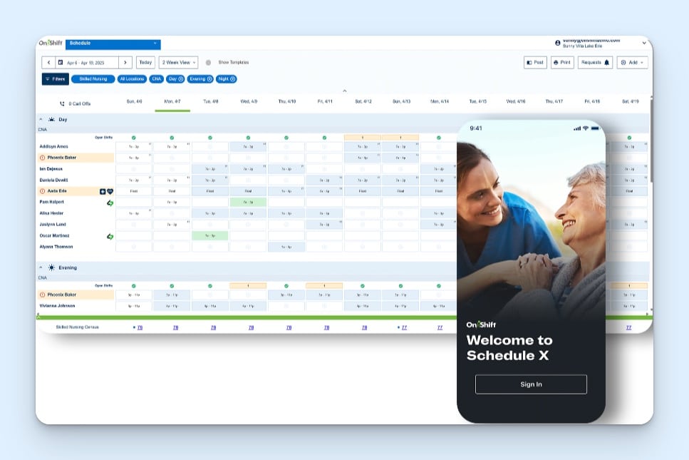 OnShift’s schedule dashboard and mobile app views, including the available views, filters, customizations, and export options.