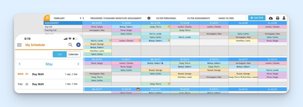 Lightning Bolt’s schedule dashboard and mobile app, including the available filters, views, and customized physician configurations.