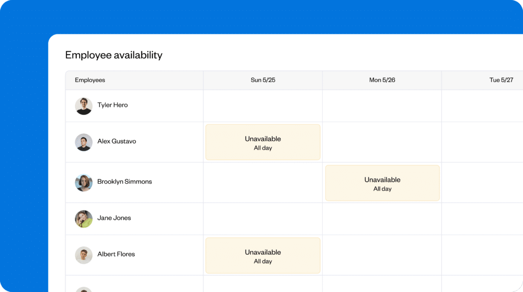 Buddy Punch employee availability calendar showing unavailable dates 