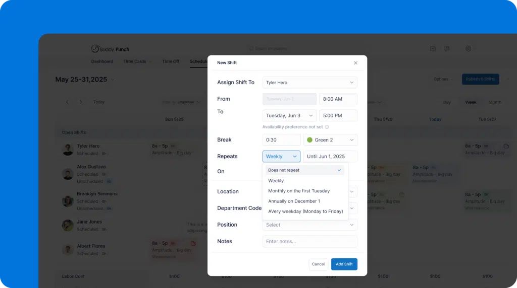 Buddy Punch recurring shift setup window