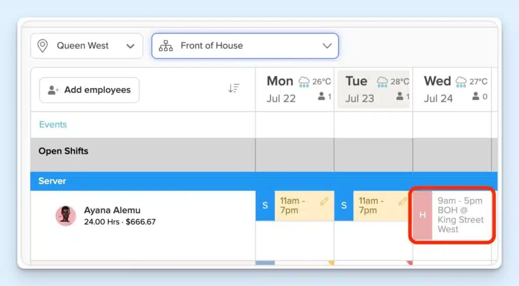 7shifts schedule view for Queen West’s Front of House team, showing a weekly rota with weather, events, and open shifts. The Server row lists a server's hours and pay, with assigned shifts and a highlighted shift.