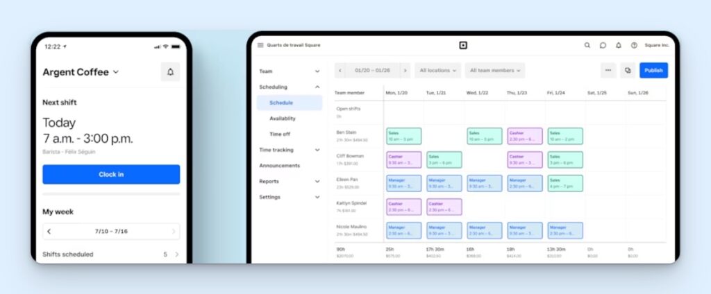 Square Shifts scheduling screen showing a weekly rota with date, location, and team member filters, plus color-coded shift blocks for roles across each row.