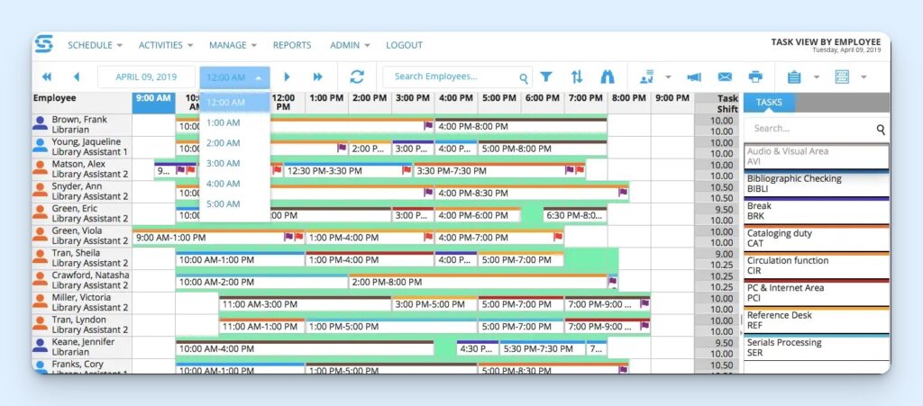 Snap Schedule task view by employee showing a daily staff rota with hourly columns, color-coded shift blocks, task markers, and shift totals, with a task search panel open on the right and a time drop-down.
