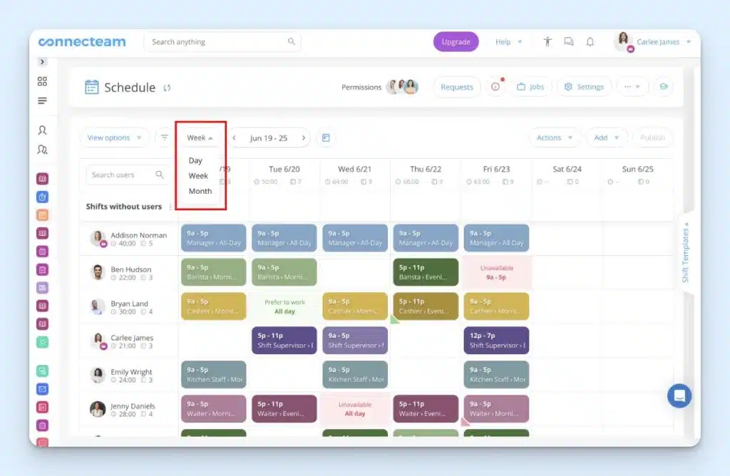 Deputy scheduling screen showing employee rows, dates across the top, and color-coded shift blocks, with the sort drop-down open and “Most Qualified” highlighted as an option for assigning staff to shifts.