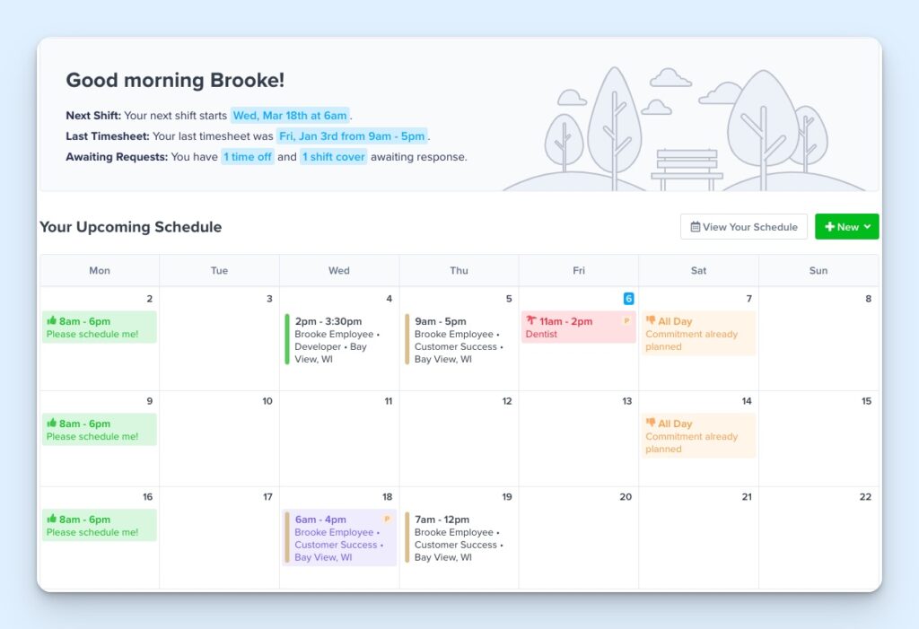 An employees shift schedule which shows next shift, last timesheet, and awaiting requests with a color coded calendar view of the month.