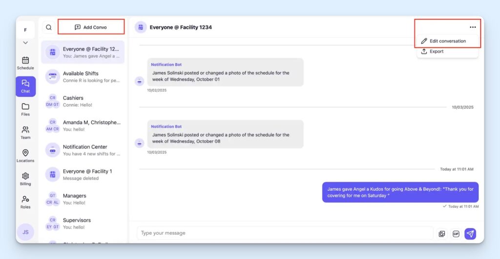 Breakroom chat screen showing the Team Chat inbox with an Add Convo button highlighted, a selected conversation in the “Everyone @ Facility” chatbox, schedule update bot messages, and a three-dot menu open to Edit conversation and Export.