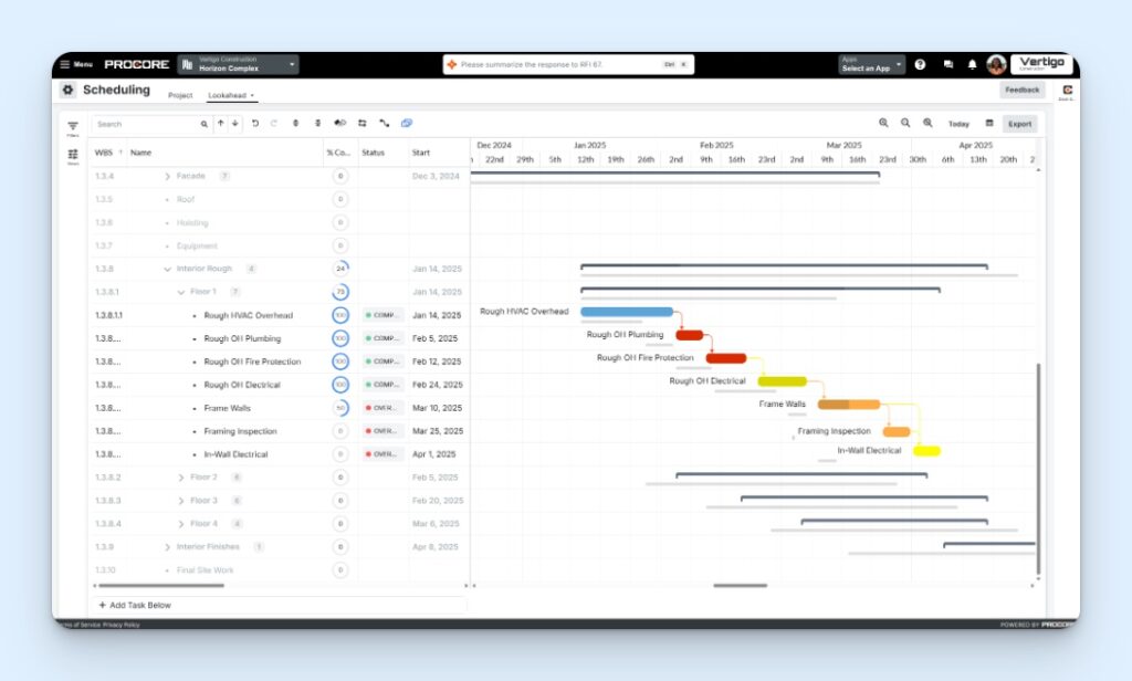 Scheduling screen in Procore