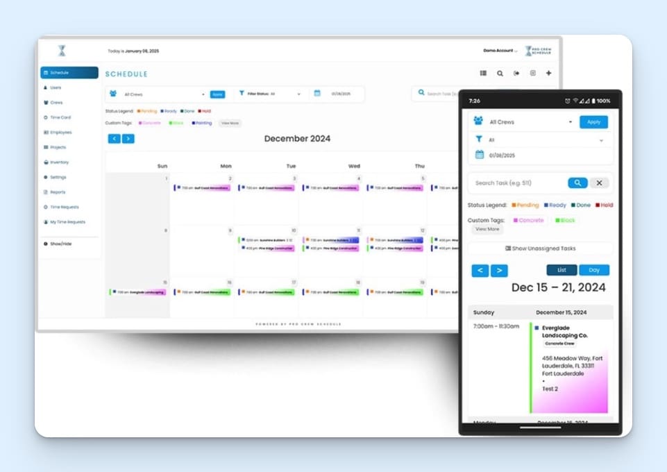 Calendar schedule view in Pro Crew Schedule