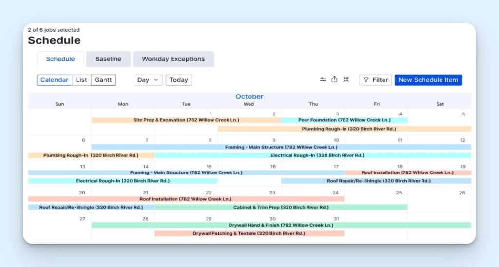 Color-coded schedule view in Buildertrend