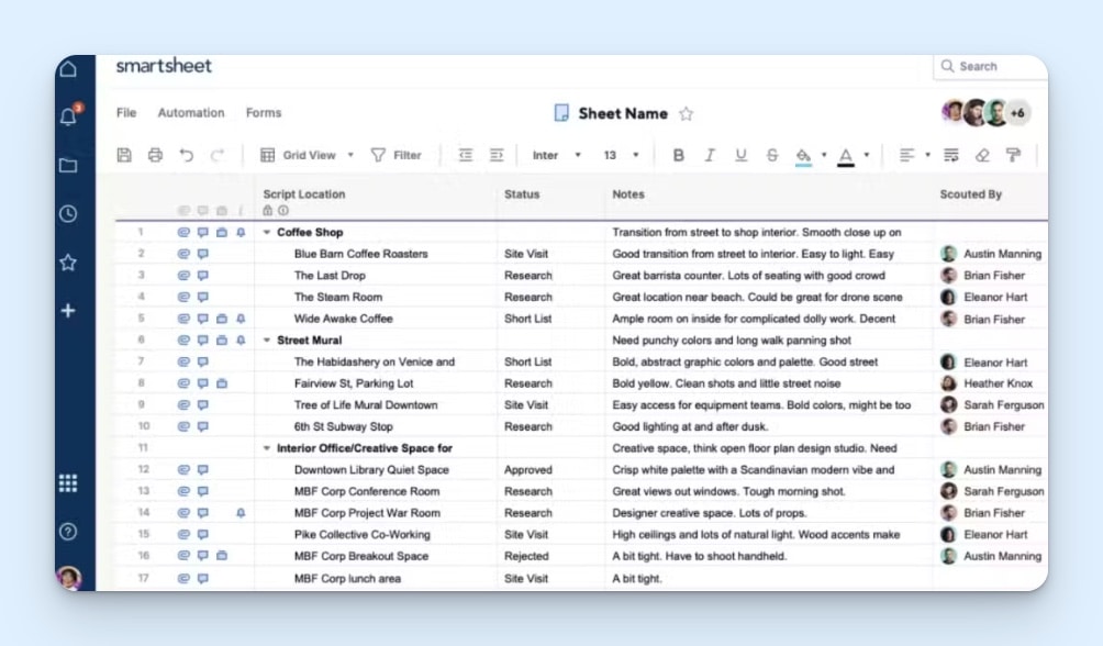 Smartsheet, a simple spreadsheet-based employee scheduling tool