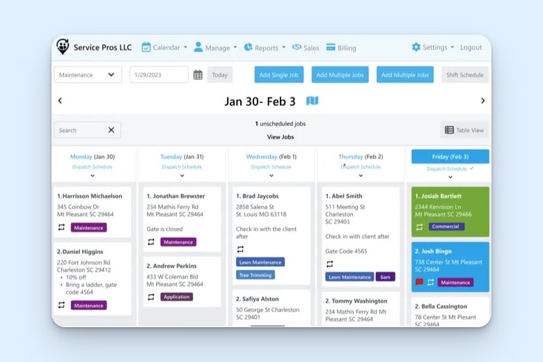 Aspire Crew Control’s schedule dashboard showing landscaping jobs scheduled throughout the week, including location addresses, last visit date, estimated job completion time, and gross revenue per visit