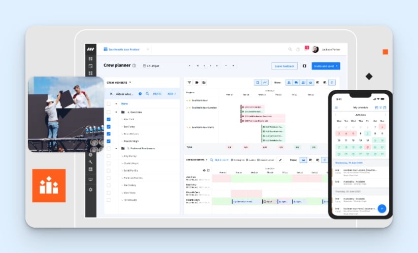 Rentman’s crew scheduling dashboard and mobile app showing events, specialized crew requirements, assigned crew members, and preferred freelancers