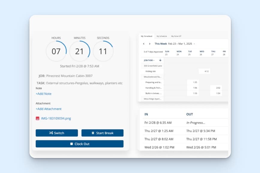 ClockShark’s combined employee schedule and time tracking dashboard showing assigned site, requirements, notes, attachments, images, breaks, and clock-in times