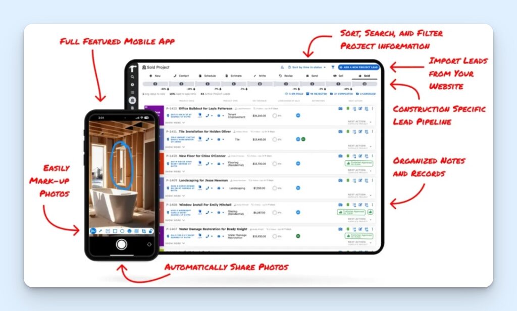 Projul’s schedule dashboard on desktop and a view of the photo capture feature on the mobile app