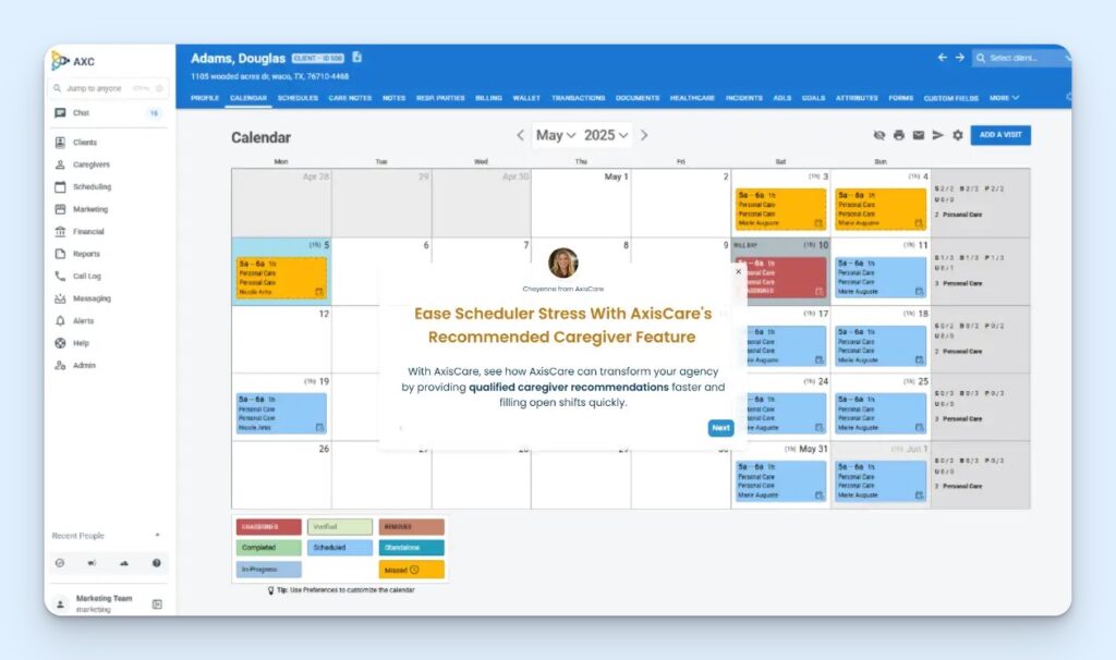 AxisCare client calendar screen showing a monthly visit schedule with color-coded statuses for scheduled, verified, completed, unassigned, and missed visits, plus a pop-up introducing recommended caregiver matching to help fill open shifts faster.