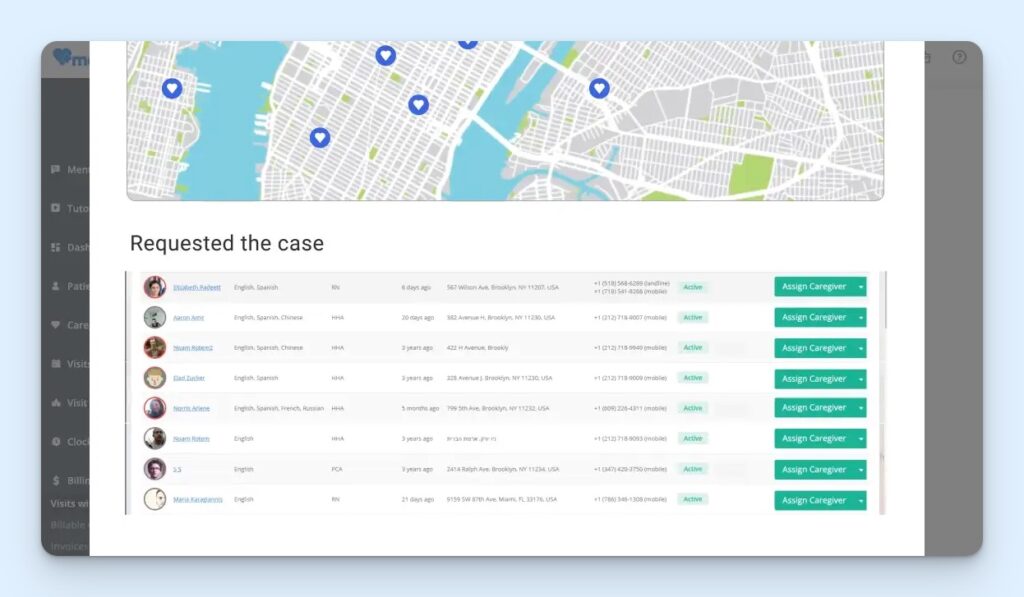 Medflyt caregiver assignment screen showing a map of nearby caregivers above a requested case list, with caregiver roles, languages, location details, active status labels, and assign caregiver buttons for quick visit matching.