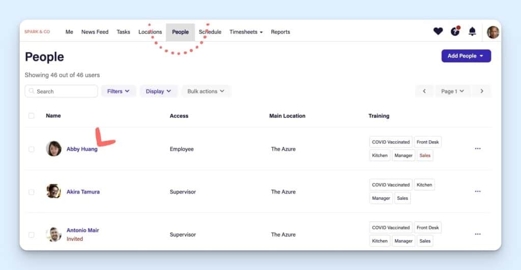 Deputy people screen showing an employee list with access levels, main locations, and training tags, including filters, display options, bulk actions, pagination, controls to add users, and profile rows for staff training requirements.