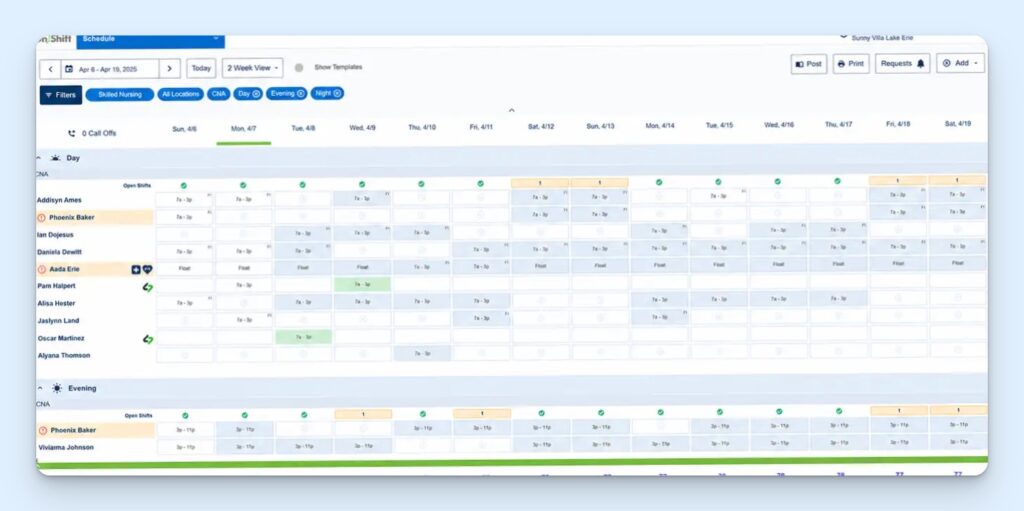 OnShift scheduling screen showing a two-week senior care rota filtered by skilled nursing, location, role, and shift type, with day and evening schedules, open shifts, assigned staff rows, and census counts.