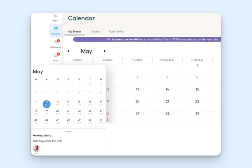 NurseGrid Manager calendar screen showing monthly staff scheduling, tabs for My Events, Swaps, and Open Shifts, a shift request deadline banner, colleague and inbox alerts, and a mobile view showing staff requesting a selected shift.