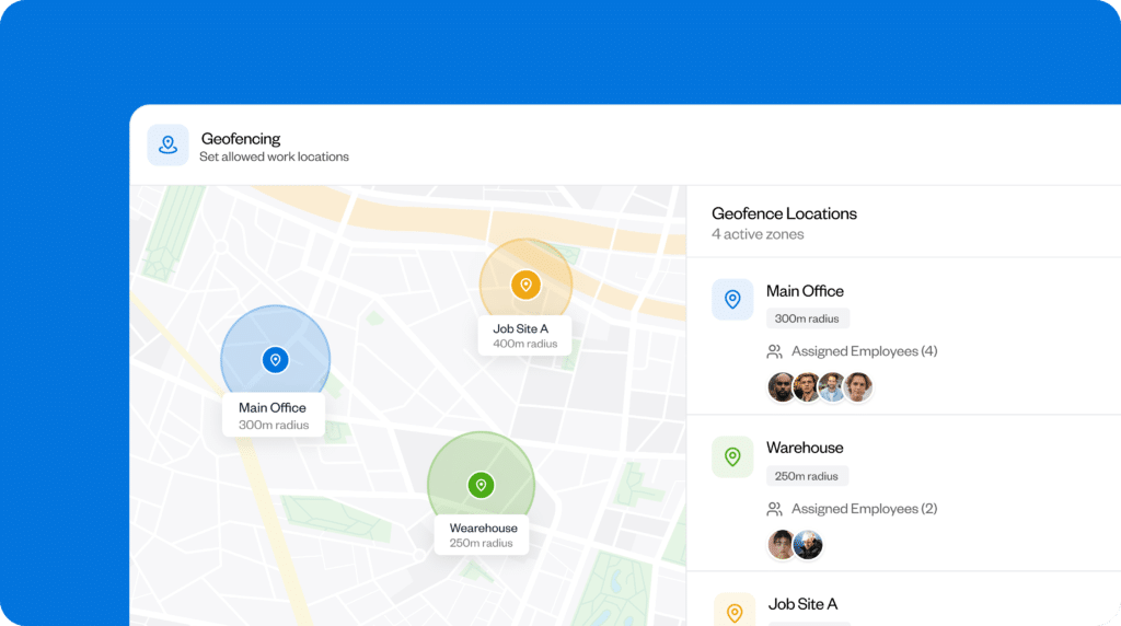 Buddy Punch geolocation and geofencing dashboard, showing the current location of crew members