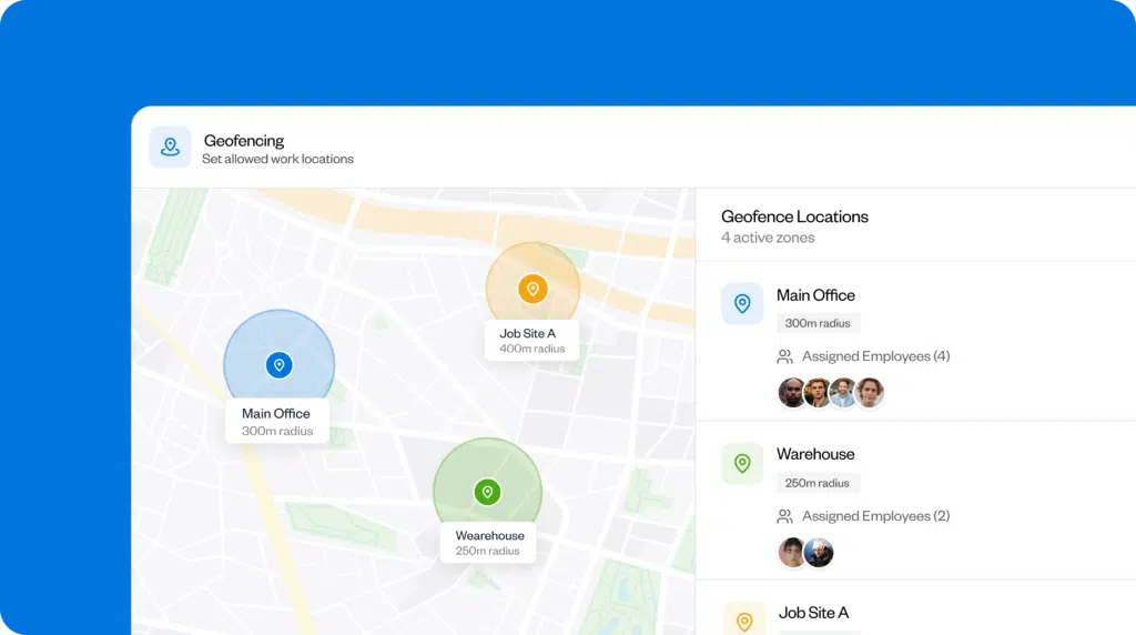 Buddy Punch geofencing dashboard showing job site locations and assigned employees