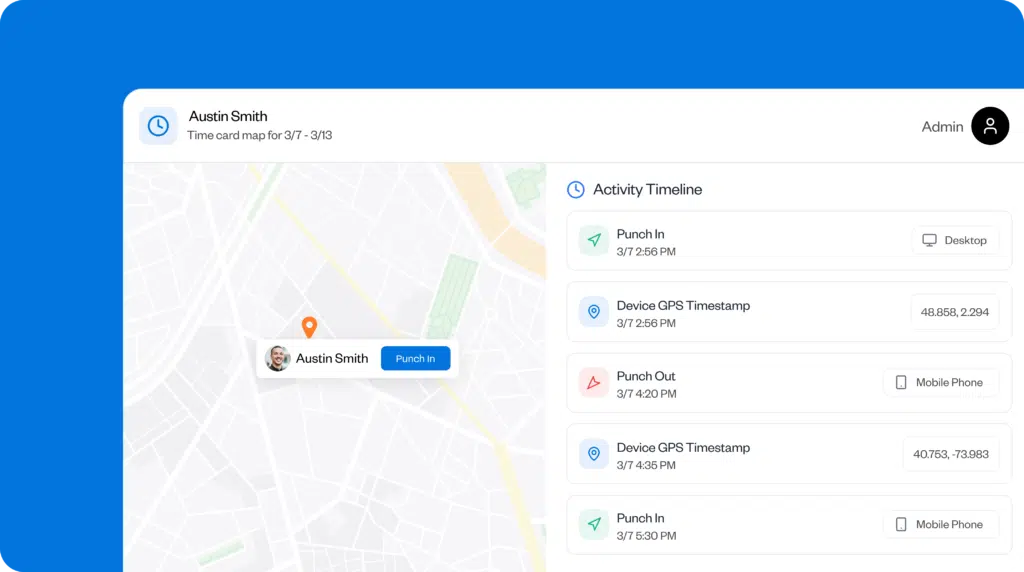 Buddy Punch GPS time tracking dashboard with employee punch locations and activity history