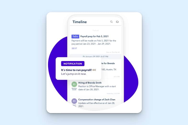 Roll by ADP’s chat-style payroll app on a phone, with a “Submit payroll” command, confirmation bubble, and payroll submission note.