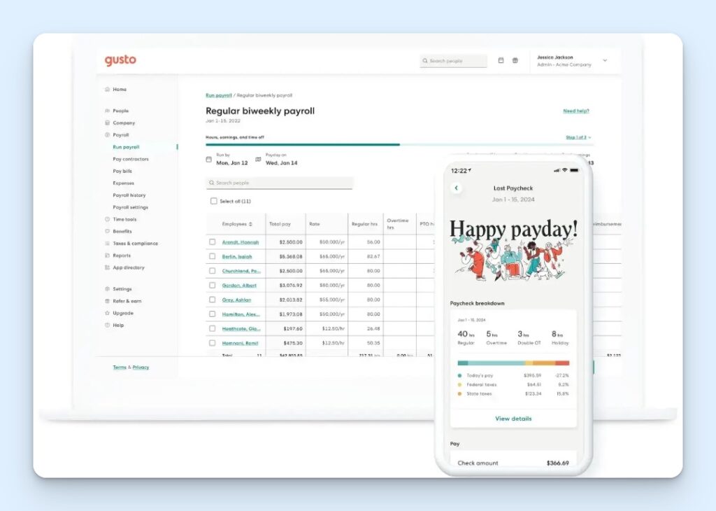Gusto payroll dashboard showing a regular biweekly payroll run with employee pay, rates, hours, and PTO columns, alongside a mobile paycheck screen with hours, taxes, and net pay details.