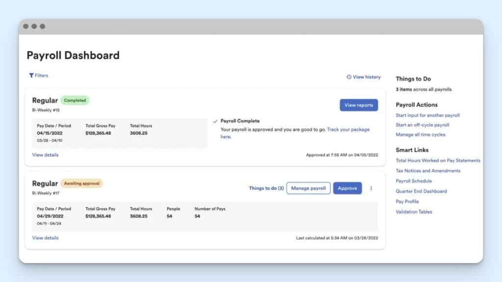 ADP payroll dashboard showing completed and awaiting-approval payroll runs, with pay period, gross pay, total hours, people, and pay.