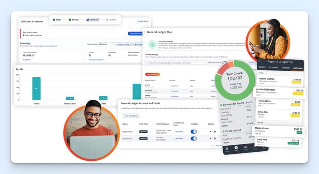 Paylocity payroll screens showing a biweekly payroll summary, cash requirements, gross pay, deductions, and taxes, plus general ledger mapping and mobile expense approvals.