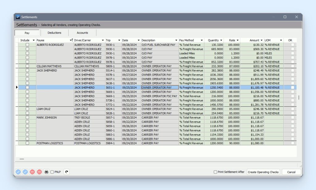 Frontline settle pay screen showing driver pay, deductions, payroll taxes, trips, mileage, and rate details. Load pay, weekly pay, and adjustments are combined into a pay settlement, with taxes calculated before payroll checks are created.