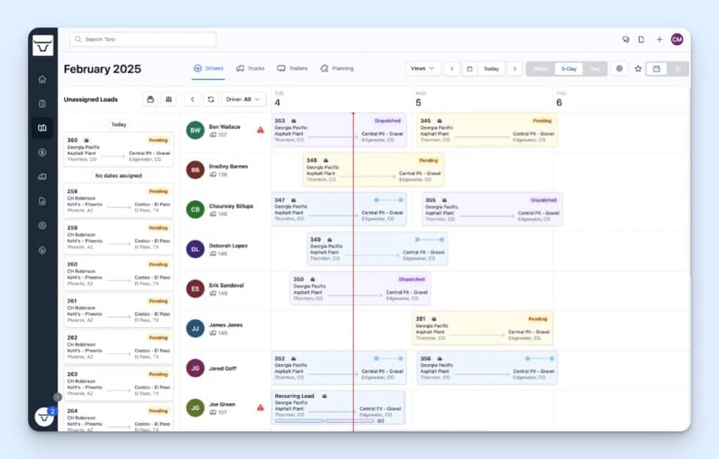 Toro TMS dispatch planning calendar showing unassigned loads, driver rows, truck numbers, and load assignments. Color-coded job cards show pending and dispatched loads with pickup and delivery locations.