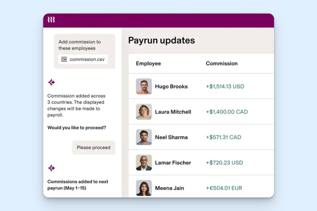Rippling payroll screen showing a commission CSV upload, a prompt to confirm the changes, and payrun updates for five employees. Each row lists the employee, commission, and currency, with payments shown in USD, CAD, and EUR.