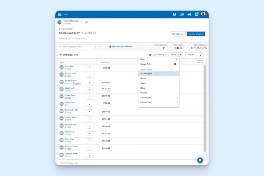 Paychex payroll screen showing the check date, pay period, total checks, hours, and payroll amount. An employee list displays individual payments, while an open filter menu lets the user view hourly, salaried, vendor, or unpaid workers.