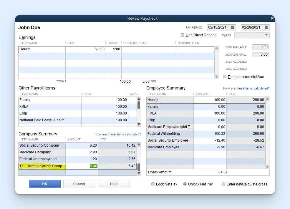 QuickBooks paycheck review screen showing an employee’s hourly rate, hours worked, gross pay, leave items, company taxes, employee deductions, year-to-date totals, direct deposit option, and final check amount before payroll approval.