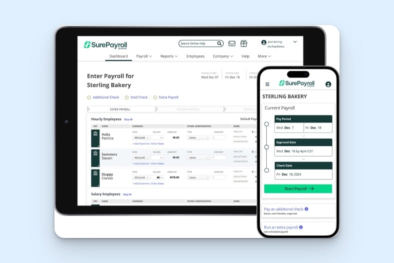 SurePayroll shown on tablet and mobile, with payroll entry fields for hourly and salaried employees, regular and overtime rates, other compensation, pay period dates, approval deadline, check date, and options to run additional payrolls.