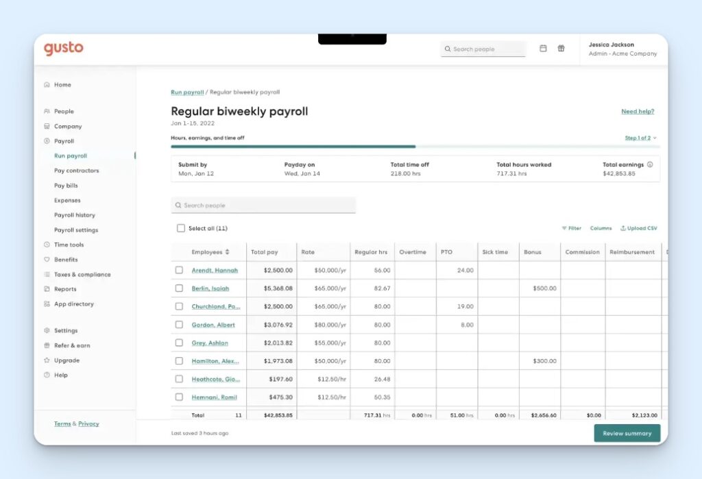 Gusto biweekly payroll summary on desktop and mobile phone. The web interface shows an employee's total pay broken down into regular hours, overtime, and PTO, while the mobile view shows a paycheck breakdown including federal and state taxes.