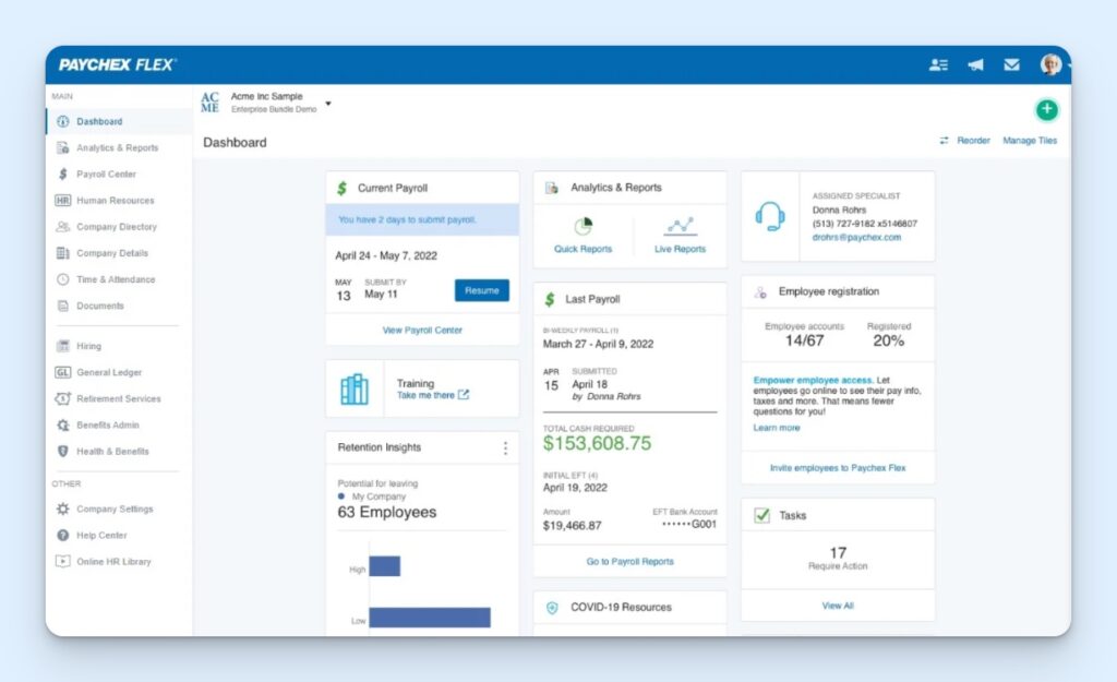 Payroll dashboard in Paychex Flex, showing details of current and last payroll and links to reporting tools.
