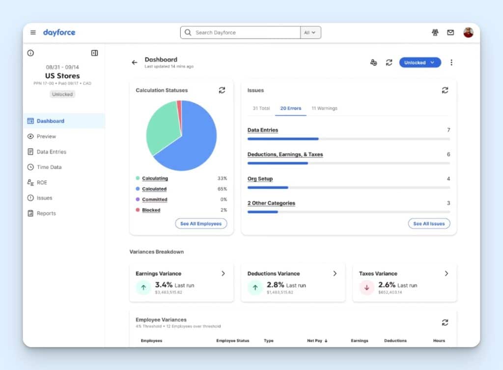 Dayforce payroll dashboard, showing a summary of issues that need reviewing prior to pay run
