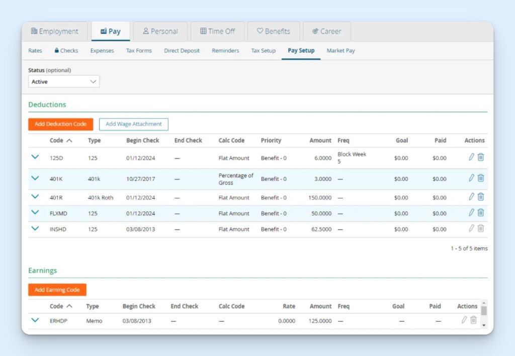 Paylocity pay setup screen showing a list of unique deductions as a flat amount or percentage of gross pay
