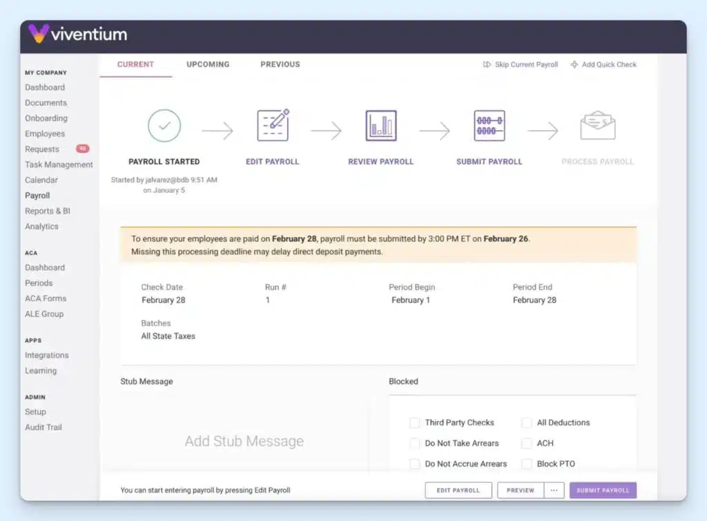 Viventium payroll screen showing the current pay run moving through started, edit, review, submit, and process stages, with a direct deposit deadline, check date, pay period dates, batch details, stub message field, and payroll blocking options.