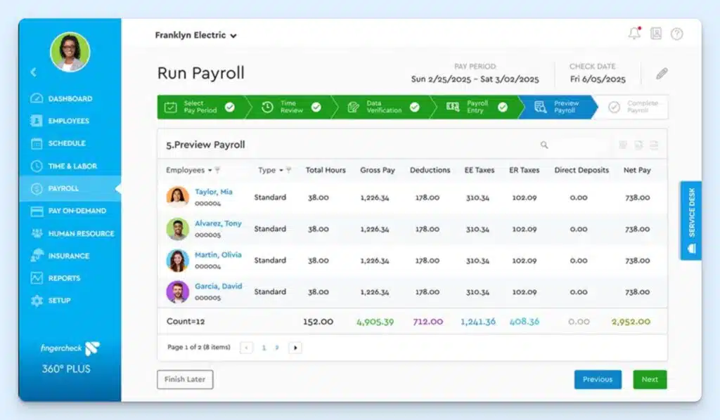 Fingercheck 360° Plus payroll preview showing employee hours, gross pay, deductions, employee and employer taxes, direct deposits, and net pay, with a step-by-step payroll progress bar and options to return or continue.