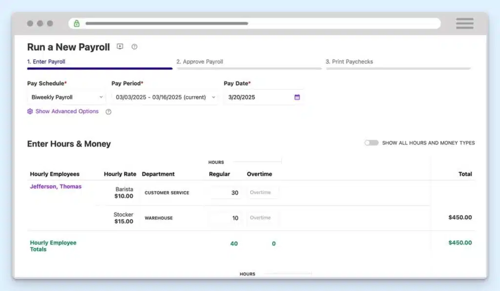 Patriot payroll screen showing a biweekly pay run, with pay period and pay date fields, regular and overtime hours, hourly rates, departments, and employee totals, plus progress steps for entering payroll, approving it, and printing paychecks.