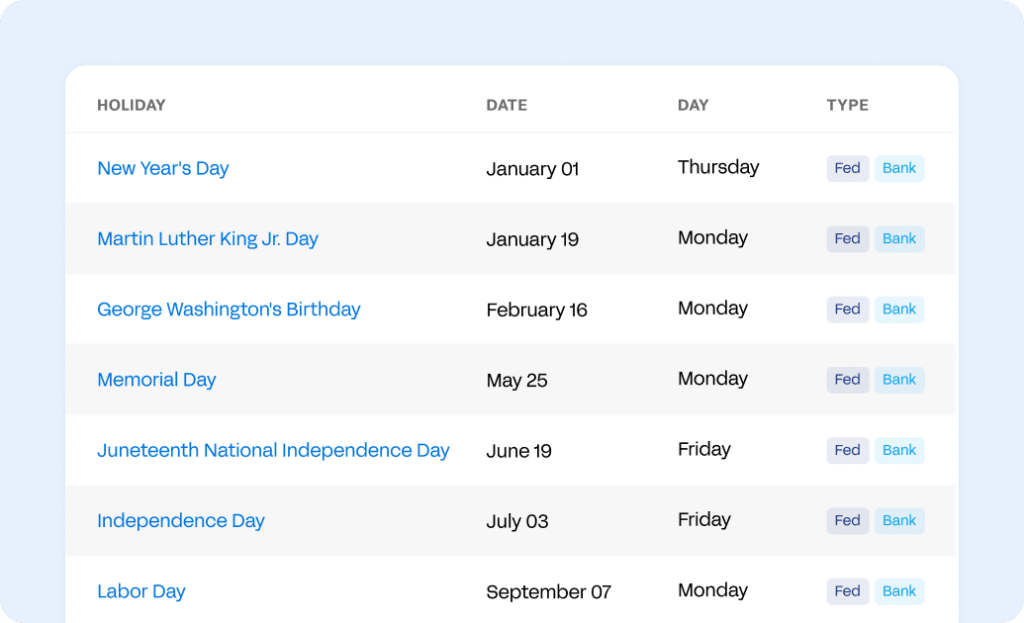 Federal & Bank Holidays List